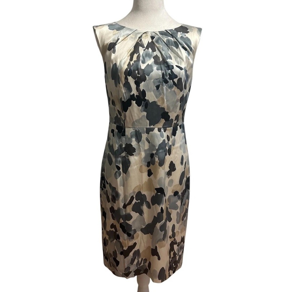 Ann Taylor Sz 4 100% Silk sleeveless cream gray abstract print pencil dress glam